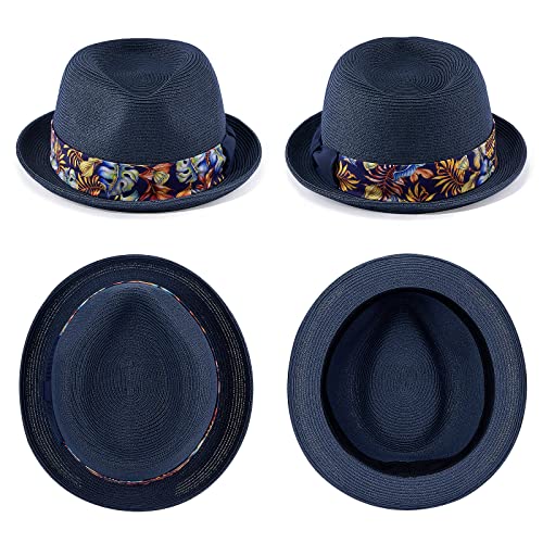 Akio&Aquirax Mens Fedora Hats With Short Brim Straw Fedora Sun Hats For Men Women Summer Sun Hats With Adjustable Strap Blue #TOP1