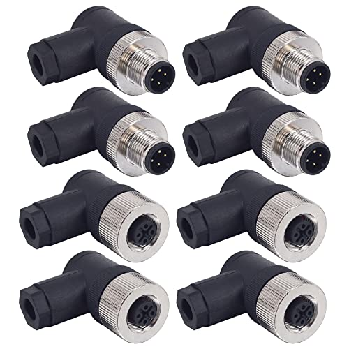 M12 4 Pin Male &amp; Female Right Angle Socket Panel Aviation Wire Connector,12mm Industrial Circular Connector, Outdoor Waterproof IP67,4 Sets