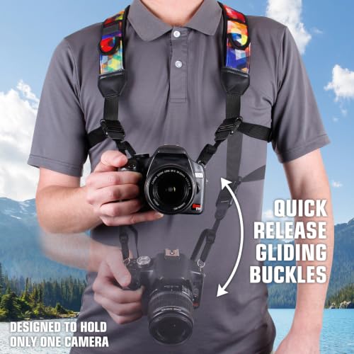 Image of USA Gear DSLR Camera Strap Chest Harness with Quick Release Buckles, Geometric Neoprene Pattern and Accessory Pockets - Compatible with Canon, Nikon, Sony Point and Shoot and Mirrorless Cameras