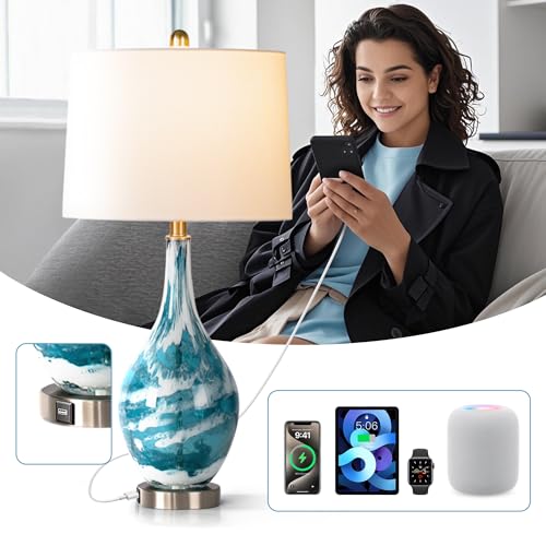 Maxax Coastal Glass Table Lamps Set of 2 Blue Bedside Lamp with USB Charging, Modern Bedside Desk Lamp with White Shade for Living Room Bedroom Coffee Nightstand (ETL Certified) - Image 4