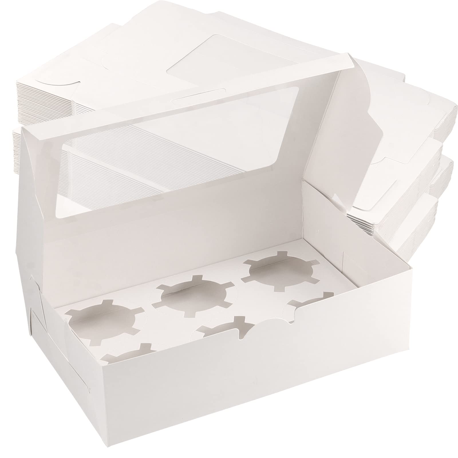 Mukchap White 25 Pack 6 Holes Cupcake Boxes, Rectangle Cardboard Cupcake Holder With Window, Empty 6 Cavity Bakery Carrier Box Sweet Boxes With Insert For Muffins, Pastries