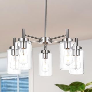 VINLUZ 5-Light Contemporary Chandelier Brushed Nickel Clear Glass Shades Modern Dimmable Pendant for Dining Room Kitchen