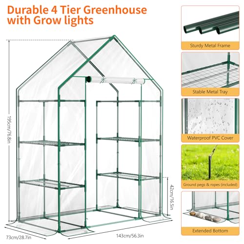 Indoor Greenhouse with Grow Light, 4-Tier Mini Greenhouse 56.3"x28.7"x76.8" Small Greenhouse with Zippered PVC Cover for Seed Starting Trays, Dimmable Plant Light for Indoor Plants with Timer - Image 4