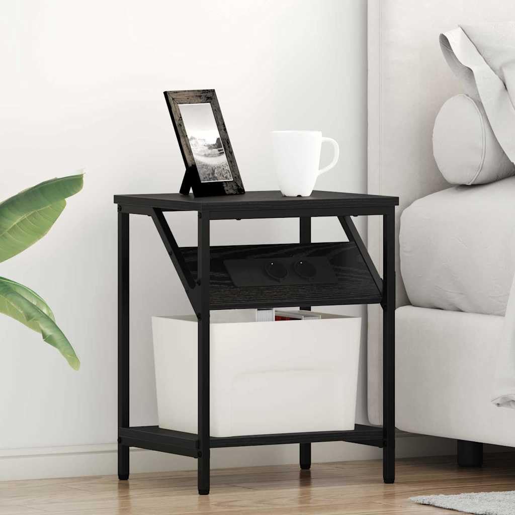 Mesa de Noche Moderna con Estantería Integrada y Fuente de Poder, Diseño Rectangular con Patas de Acero Negro, Superficie de Madera Resistente para Dormitorio Contemporáneo