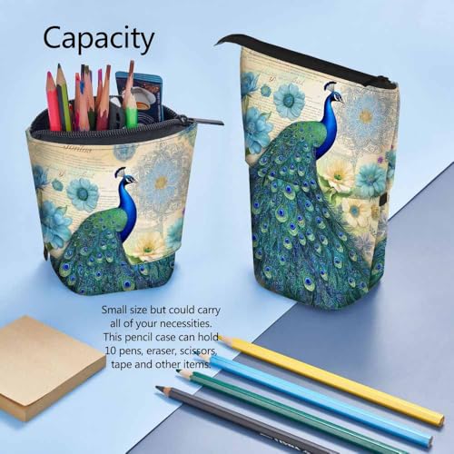 Image of Swono Peacock Pencil Pouch Elegant Big Bird Floral Stand Up Pencil Case Organizer Pencil Holder Makeup Bag Gift Colorful