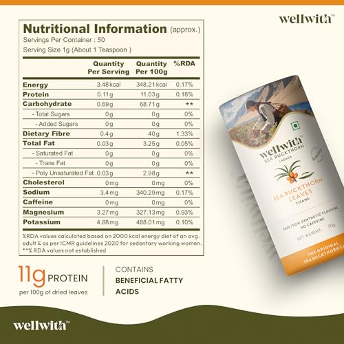 Image of Wellwith (Ayuzera) Sea Buckthorn Raw Leaves Tea | Himalayan Herbal Leaf Tea | Good for Skin, Immunity & Detox | Pure & Natural | 50g (Pack of 1)