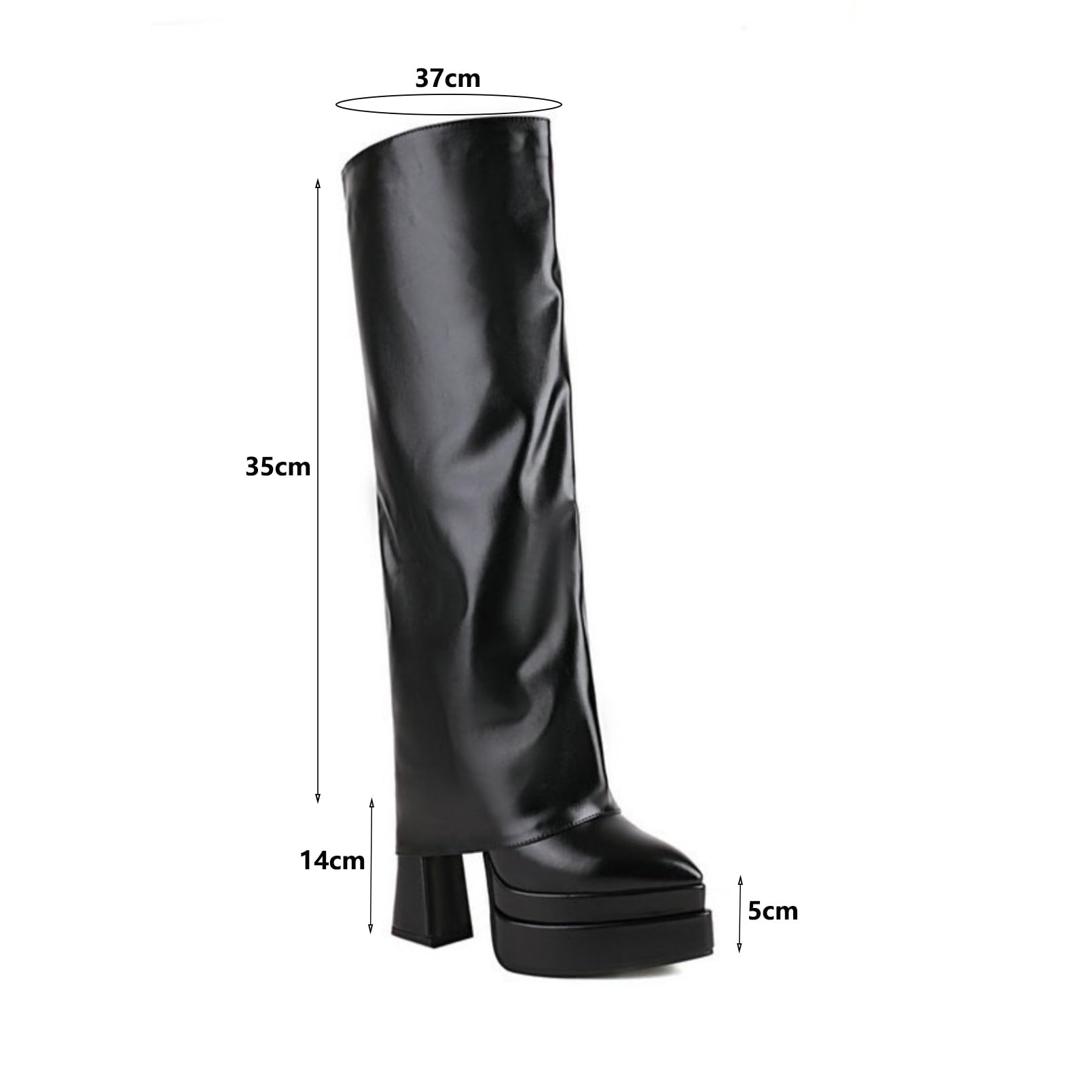 Genérico Botas Mujer Cuero Negro Alto con Cremallera Lateral y Tacón de Bloque, Estilo Montar para Oficina y Uso Diario