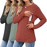 Sweetyweee 3 Pack Women's Nursing Long Sleeve Tops Breastfeeding Thermal Sweaters with Hidden Zipper Maternity Ribbed Shirts(Black, Green, Brick Red,Large)