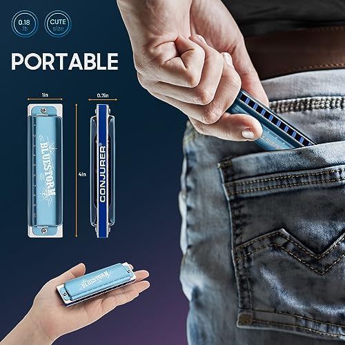 CONJURER Blues Harmonica for Adult 10 Hole Diatonic Harmonica in C Key for Beginners Professionals Phosphor Bronze Reeds Brass Deluxe Mouth Organ Blues Harp with Case, Key of C Blue