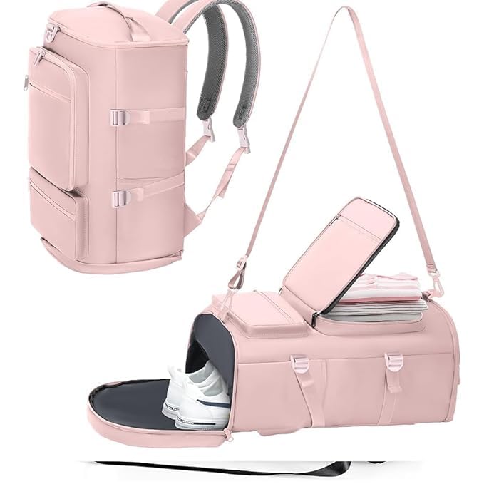 DRAYA DEAL'S 40L Gym Bag for Women | 2-in-1 Travel Backpack & Shoulder Duffel | Pink Nylon Sports Bag with Shoe Compartment, Waterproof Pouch & Detachable Strap-image-12