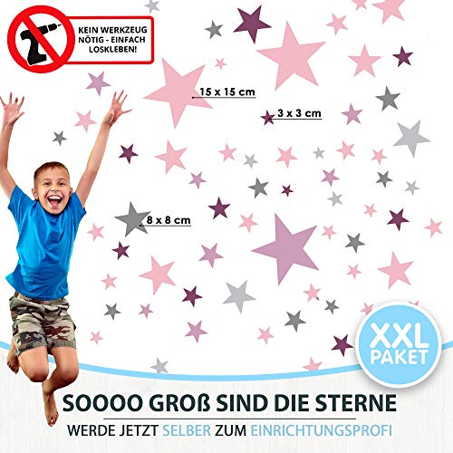 ELES VIDA - 75 Sterne Wandtattoo fürs Kinderzimmer - Wandsticker Set - Pastell Farben, Baby Sternenhimmel zum Kleben Wandaufkleber Sticker Wanddeko - Wandfolie, Kleinkinder, Grau - Pink - Lila