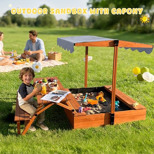 Wooden Sandbox with Lid, Outdoor Sandbox with Foldable Picnic Table, Sandpit with UV-Resistant & Adjustable Capony Bottom Liner