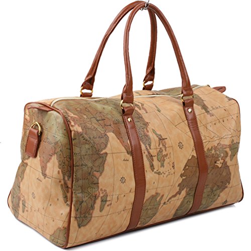 Copi World Map Large Duffle Bag Travel Tote Luggage Boston Style Khaki