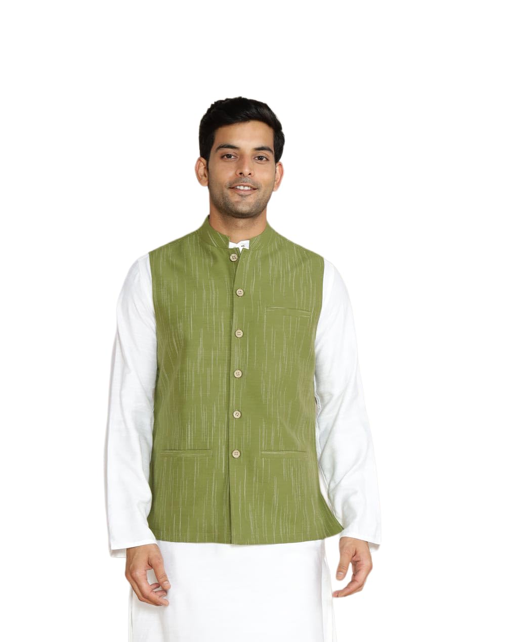 Green Cotton Woven Comfort Fit Nehru Jacket-image-24