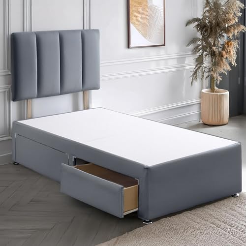 ComfoRest 4 Panel 3FT Single Divan Bed with Drawers (x2) Grey base and 24 inch headboard sturdy base for all mattress types easy assembly UK made