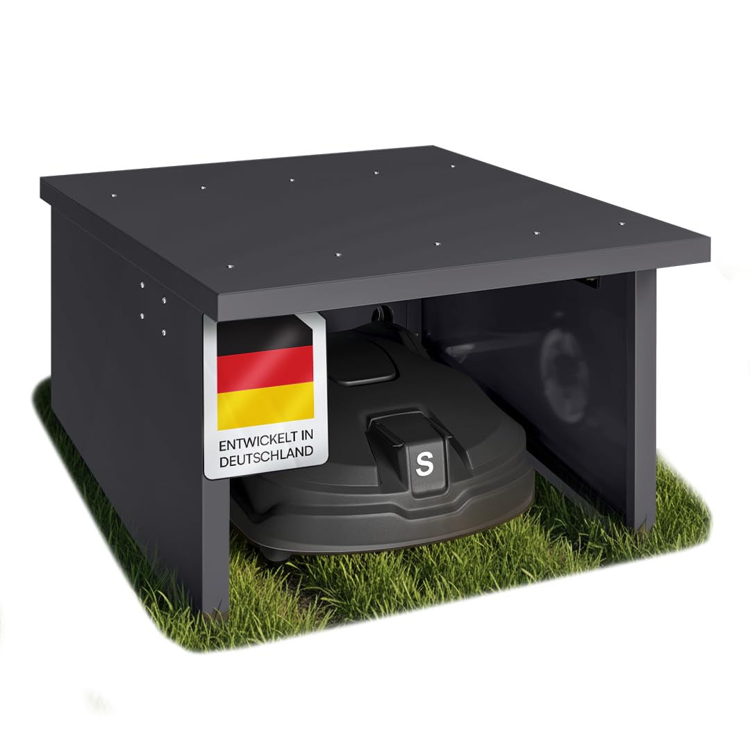 STEELSØN Drakon Mähroboter Garage Anthrazit – Rasenmähroboter Überdachung aus verzinktem Metall – Rasenroboter Haus mit Pultdach – Rasenmäher Garage UV-/wetterbeständig – für gängige Roboter Modelle