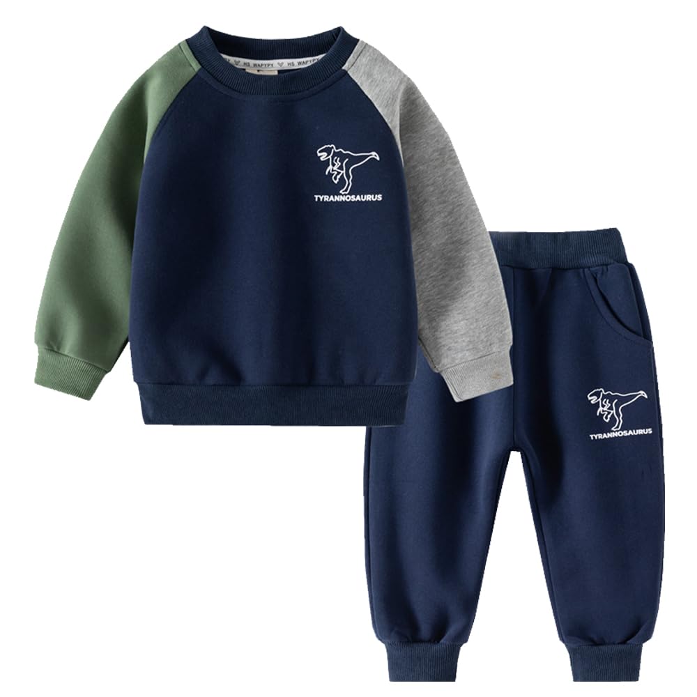 GFQLONG Toddler Boy Clothes Kids Sweatsuit Fall Winter Outfit Set for 1-6T | Dinosaur Clothes for Boys Clothing Sets,Cotton Sweat Set,Fleece Jogger Set,Pullover Long Sleeve Sweatshirt and Pants Set