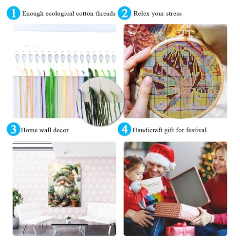 Image of Gnome Succulents Stamped Cross Stitch Kits - Easy Gnome Counted Cross Stitch Kits for Beginners Adults Needlepoint Cross-Stitch Patterns Dimensions Needlecrafts Embroidery Kits Arts and Crafts