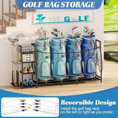 Golf-Bag-Storage-Organizer-for-4-Bags-with-Club-Holder-Storage-Shelves-Fits-4-Golf-Bags--Club-Holder-for-10-Clubs--Storage-Basket-3-Shelves--Golf-Garage-Organizer--Great-Golf-Gift