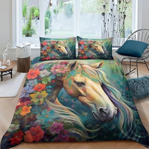 Housse de couette fleurs et chevaux parure de lit 3D pour s'endormir avec passion