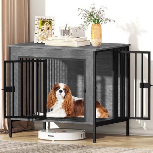 EasyCom 28.15" Dog Crate Furniture for 1 or 2 Dogs, Dark Grey (DC102)