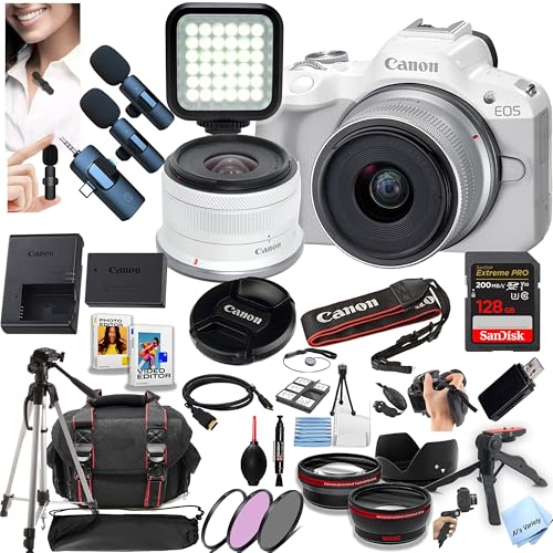 Image of Canon EOS R50 Mirrorless Camera with 18-45mm Lens + 128GB Memory, Wireless Lavalier Microphones, Lenses, Filters, Case, Tripod, Flash, Software, and More (Content Creator Bundle) (White) (Renewed)