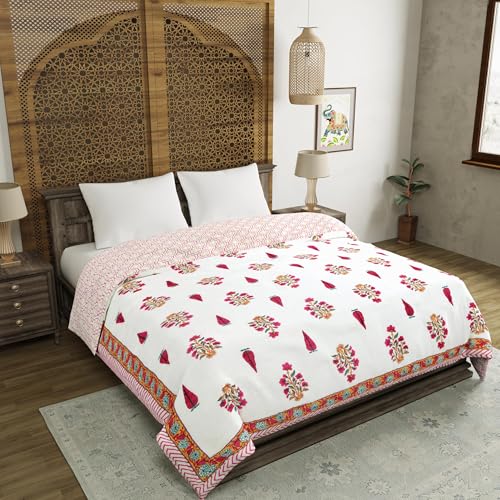 Image of BLOCKS OF INDIA Hand Block Printed Cotton King Size Quilt /Rajai (90 inch X 108 inch) (Pink Rose)