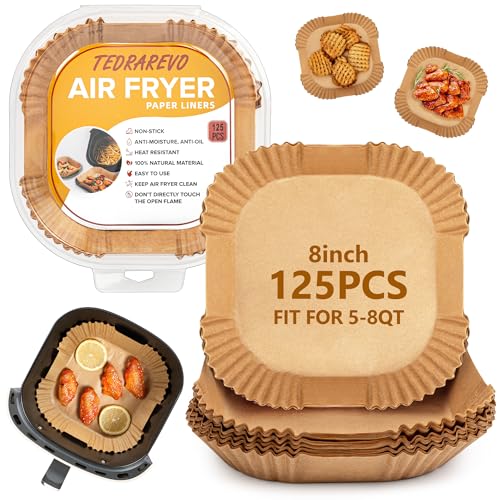 Air Fryer Liners Disposable - 125 Pcs 8IN Square Parchment Paper Sheets, Non-Stick, Oil-Proof Baking Paper for Easy Cleanup, Food-Grade Air Fryer Accessories for 5-8 QT Basket, Heat-Resistant to 450°F