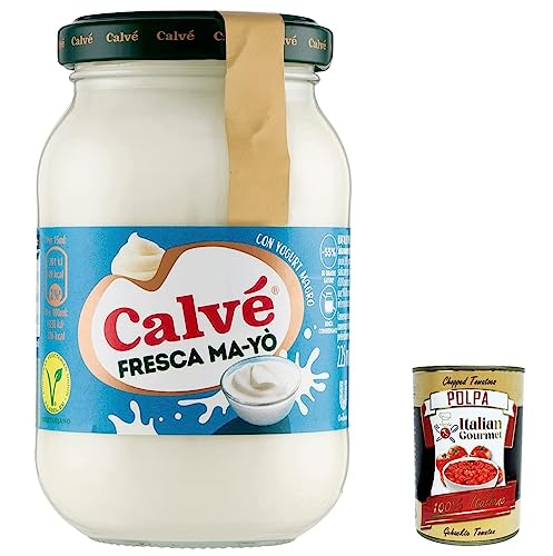 12 x Calvé Maionese Fresca Ma-Yò con yogur bajo en grasa y 55% menos de grasa*, ideal para ensaladas de arroz, patatas frías y ensaladas grandes, sin conservantes, 225 ml + Polpa italiana Gourmet 400