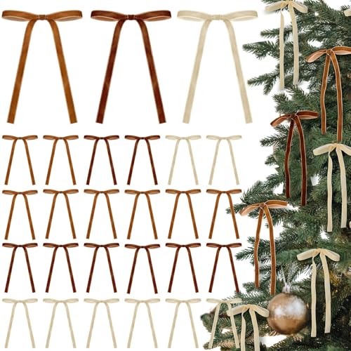 Fiocchi di Natale in Velluto, 24 PCS Fiocchi Decorativi per Albero Natalizio, 5 x 7 Pollici Fioccho Natalizio, Nastro per Fioccho Albero di Natale Decorazioni per Casa e Feste (Marrone, Kaki, Beige)