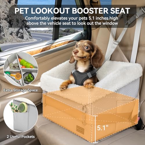 Image of PETSFIT Small Dog Car Seat, Waterproof PU Leather Dog Booster Car Seat with Patented Safe Buckles, Pet Carseat for Medium or Small Sized Pets up to 30 lbs (Grey)