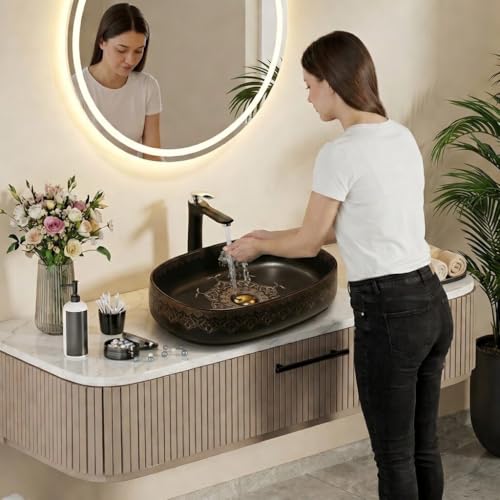 Image of BASSINO 21x14x6 Inches Designer Moroccan Ceramic Table Top Wash Basin /Black Matte & Gold Floral Art Sink for Bathroom /Handcrafted Rectangular Countertop Washbasin for Office /Hotel(Matt)