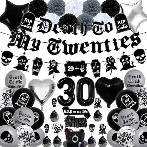30th Birthday Decorations Pack Death to My 20s Party Supplies Including Birthday Banner Rip to My 20s Sash Number 30 Balloon Cake Cupcake Toppers Funeral for My Youth Funny Thirtieth Birthday Party