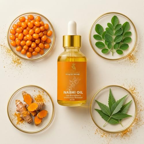 Image of Ved Sanjeevani Seabuckthorn Nabhi Oil Ayurvedic Belly Button Oil Immunity Booster Omega 3 6 7 9 Vitamins A C E K Skin Glow Energy Antioxidant Pechoti Therapy 30ML