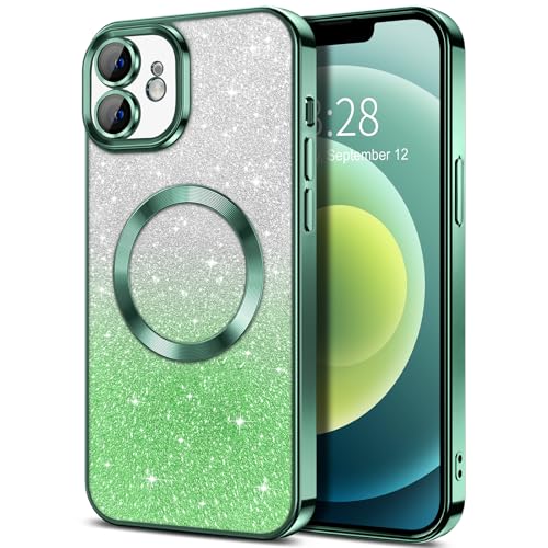 Hython for iPhone 12 Case Clear Magnetic Glitter Phone Cases [Compatible with MagSafe] Full Camera Lens Protector Slim Gradient Sparkle Luxury Plating Shockproof Protective Cover Women Girls, Green -  HYHFJK12TMDDQCXYQGN