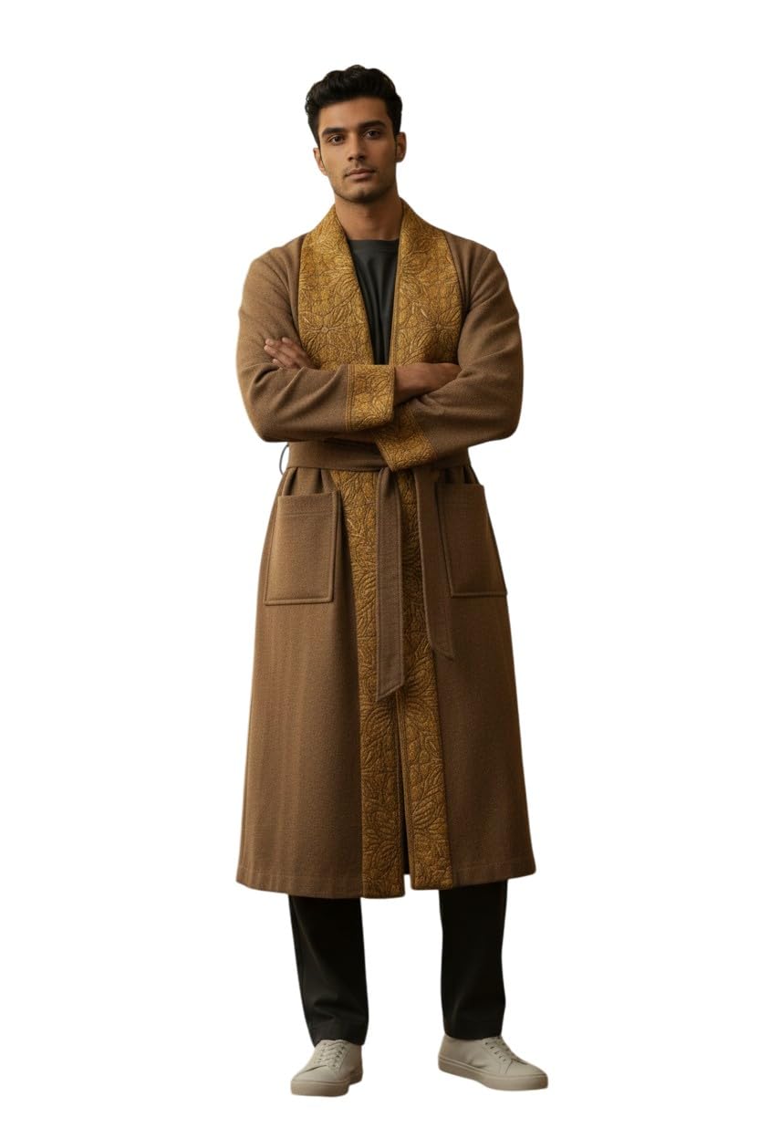 Men Woolen Nightgown Dressing Gown Sleep And Lounge Wear With Kashmiri Charming Embroidery Free Size (1, Beige-5)