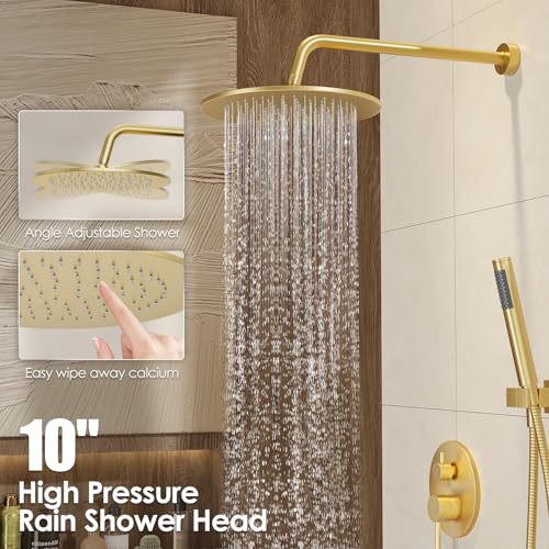 Image of Gabrylly Brushed Gold Bathtub Shower Faucet Set with Tub Spout, 10 Inch Wall Mounted High Pressure Rainfall Shower Head with Handheld Combo, 3-Way Diverter Valve Complete Bathroom Shower Fixtures