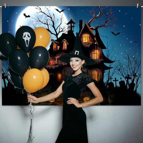 Mocsicka Halloween Backdrop for Photography Blue Night Moon Haunted House Background Spooky Cemetery Hollween Costume Party Decorations Banner Photo Studio Props (10x7ft) by Mocsicka - Used condition - Image 8