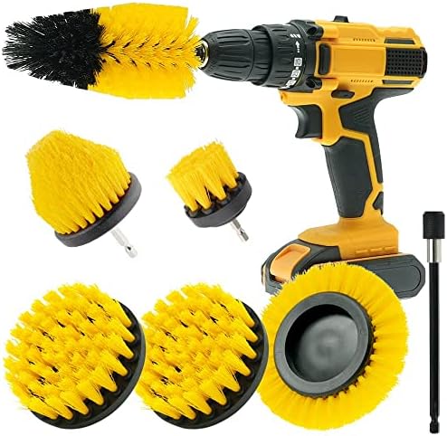 CLEAFOU 7 Pcs Drill Brush Attachment Set with Extend Attachment All Purpose Power Scrubber Brush Cleaning Kit for Bathroom Surfaces, Grout, Floor, Tub, Shower, Tile, Kitchen and Car, Yellow
