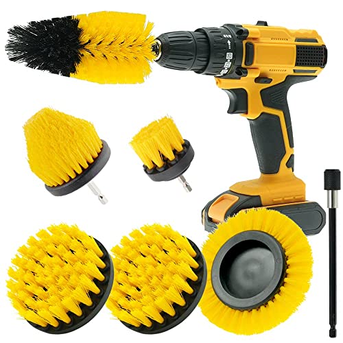 Cleafou 7 Pcs Drill Brush Attachment Set With Extend Attachment All Purpose Power Scrubber Brush Cleaning Kit For Bathroom Surfaces, Grout, Floor, Tub, Shower, Tile, Kitchen And Car, Yellow #TOP5