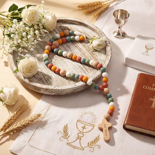 Misdary Baby Rosary Baptism Gift Silicone God Bless Kids Rosary with Cross Baptism Party Supply for Baby Shower Christian Catholic Communion Gifts(Earth Color Square)
