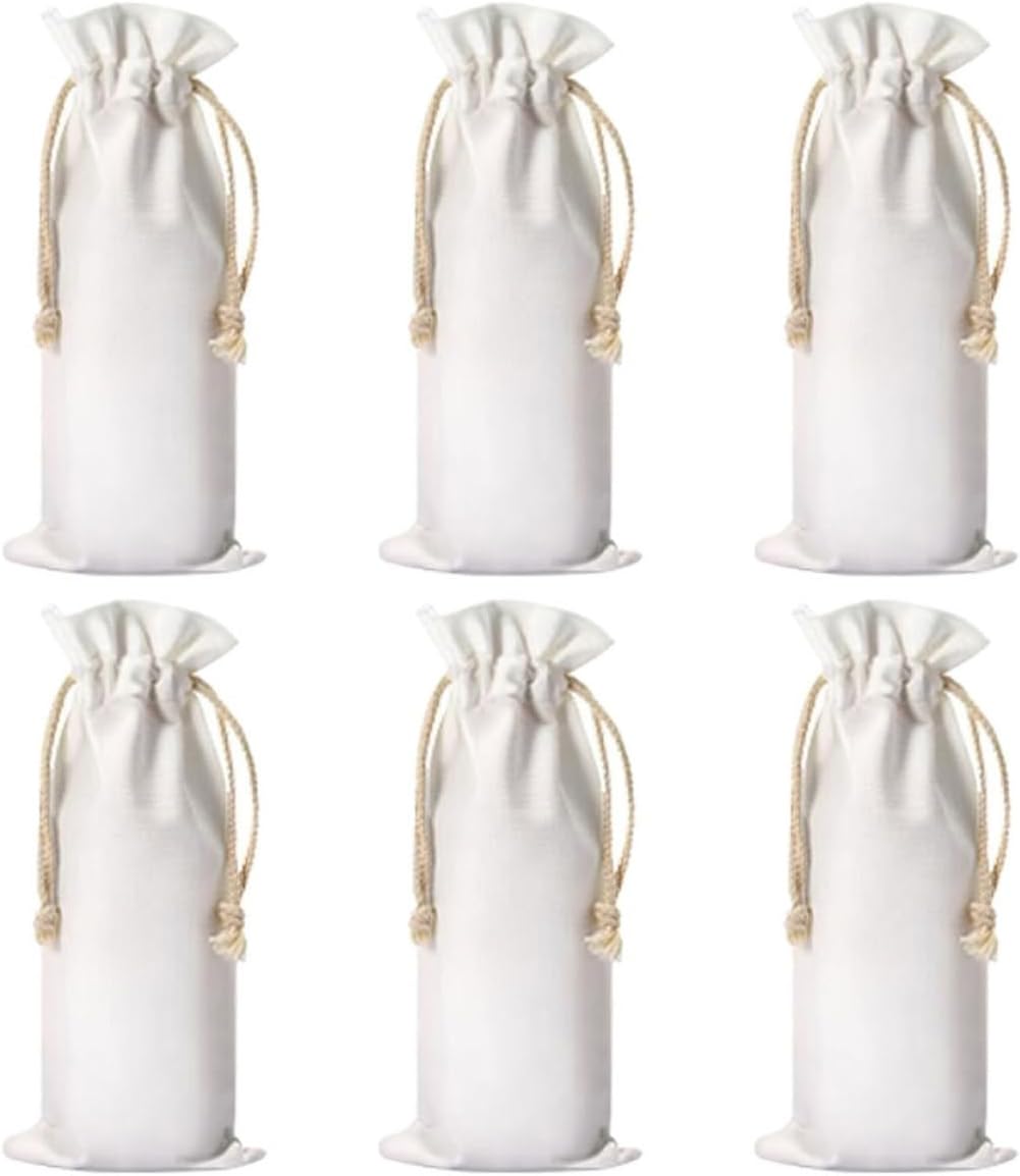 6pcs 6pcs White Fabric Drawstring Wine Bottle Bags Reusable Packaging | Simple Printed Design, Sturdy Closure, Printing Technology, Party Favor Use