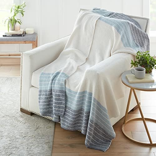 Crafted by Catherine Heathered Border Cozy Knit Throw Blanket 60" x 70" Inches, Soft Comfy Decorative Throw for Couch Bed Sofa Travel, Stripe Cream and Blue