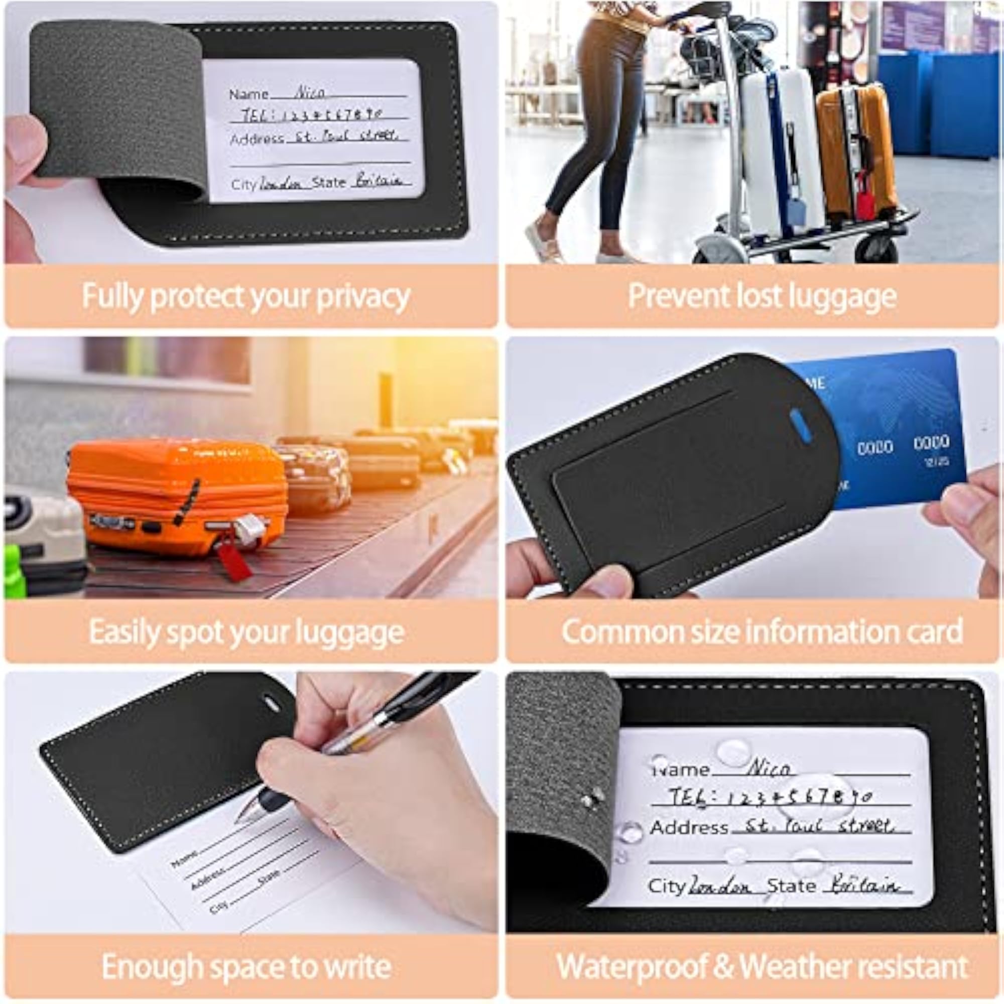 6 Pcs Leather Luggage Tags with Name ID Card