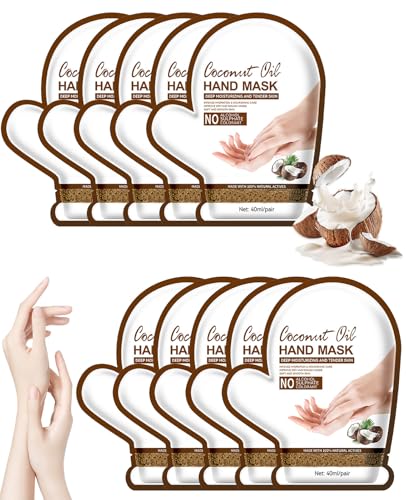 SEESUNO 10 Pairs Hand Mask Gloves, Coconut Hand Masks for Dry Hands Repair Deeply Skin Care Gifts for Women