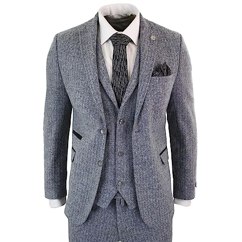Mens Light Grey 3 Piece Tweed Suit Herringbone Wool Vintage Retro #TOP1