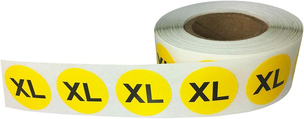 Yellow Extra Large XL Clothing Size Stickers, 0.75 Inch Round Semi Gloss Apparel Size Labels, 500 Total Adhesive Stickers on a Roll for Retail Clothing, Inventory, and Merchandising – Made in the USA
