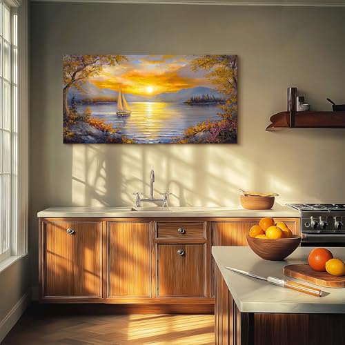 crmotu Sunset Wall Art, Lake Art Wall Decor, Mountain Wall Art, Sailboat Landscape Large Artwork, Cozy Country Paintings Wall Decor Living Room Bedroom Farmhouse Office Art Prints 24x48inch