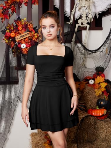 Image of XXTAXN Women's Sexy Square Neck Short Sleeve Ruched Tiered Ruffle Hem Flowy Club Party Mini Dress