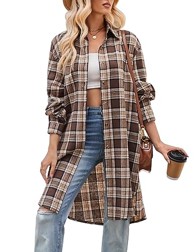 Womens Casual Long Flannel Plaid Shirts Fall Fashion Long Sleeve Boyfriend Coats Jackets with Pockets